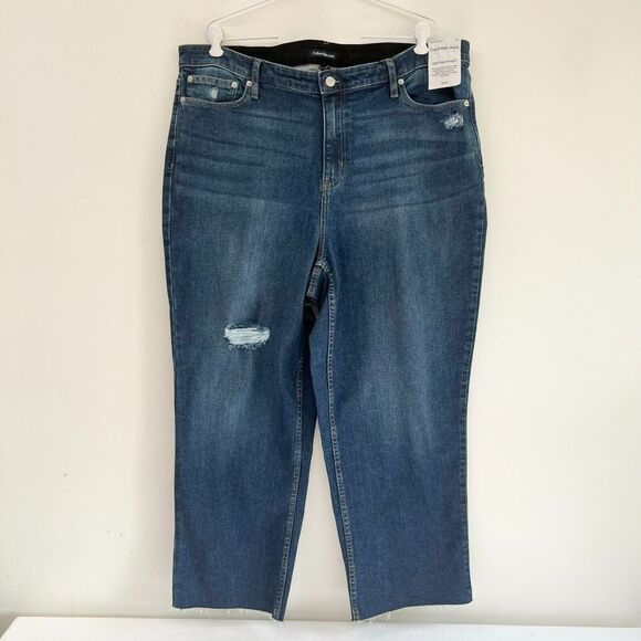 Calvin Klein Jeans Women High Rise Straight Blue Raw Hem Denim Ankle Plus 20W - Picture 1 of 12